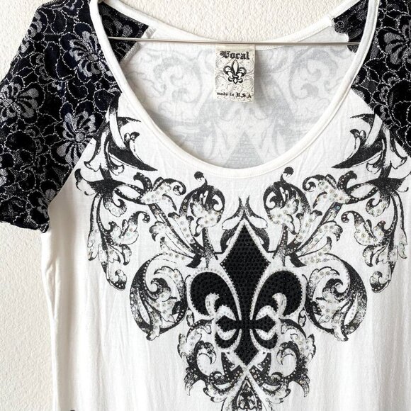 Vocal y2k 2000s Made in USA vintage white and black rhinestone bling top Medium - Picture 3 of 5
